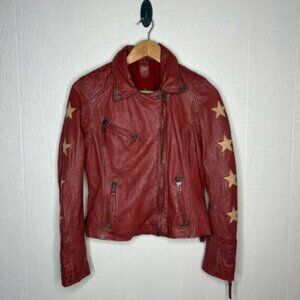 Gipsy By Mauritius Red Leather Star Sleeve Zip Moto Jacket Size medium